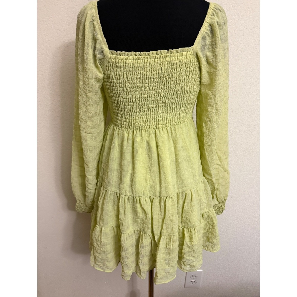 Urban Outfitters Lime Green Smocked Tiered Mini Dress Long Sleeve Small Lined - Picture 5 of 5